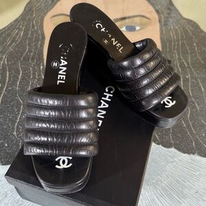 Chanel Black Quilted Slide Sandals 9.5